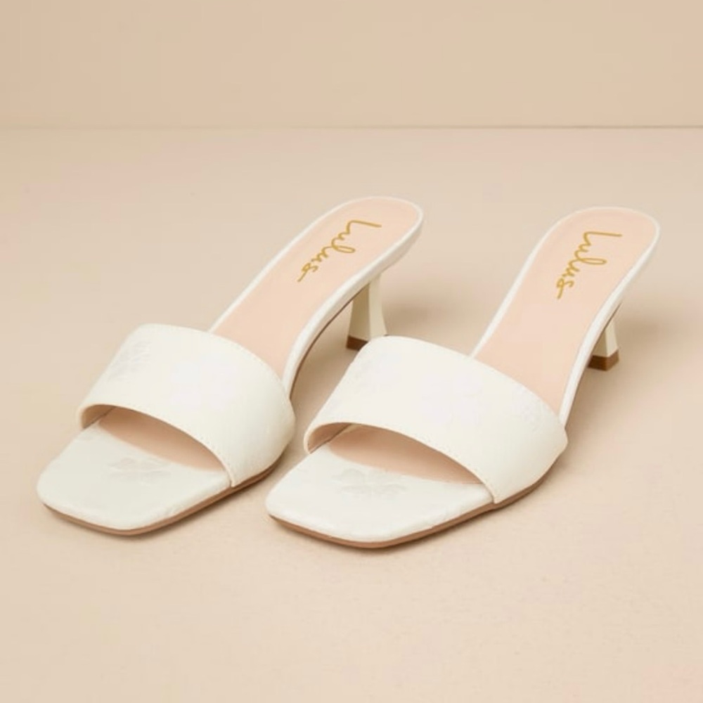 Rosmarine Ivory Floral Square-Toe High
Heel Slide Sandals from lulus